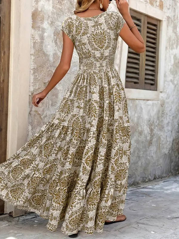 Women's Boho Smocked Maxi Summer Dress Short Sleeve Tiered Print Sundress