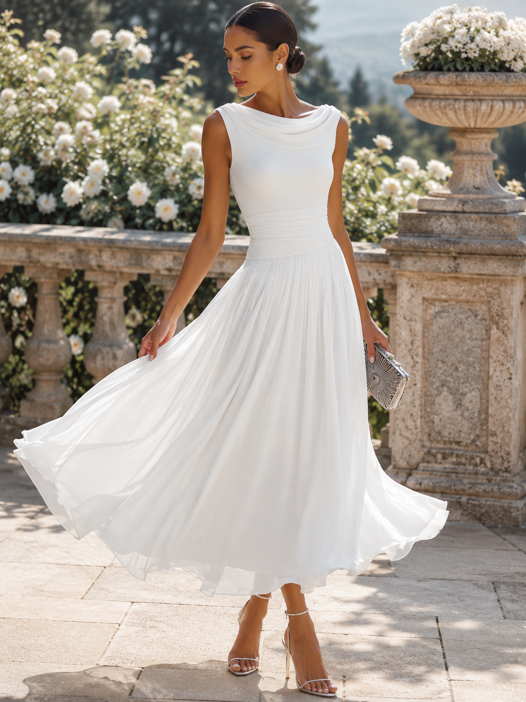 Women's Sleeveless Pleated Midi Dress Draped Neckline Contoured Waist Fluid