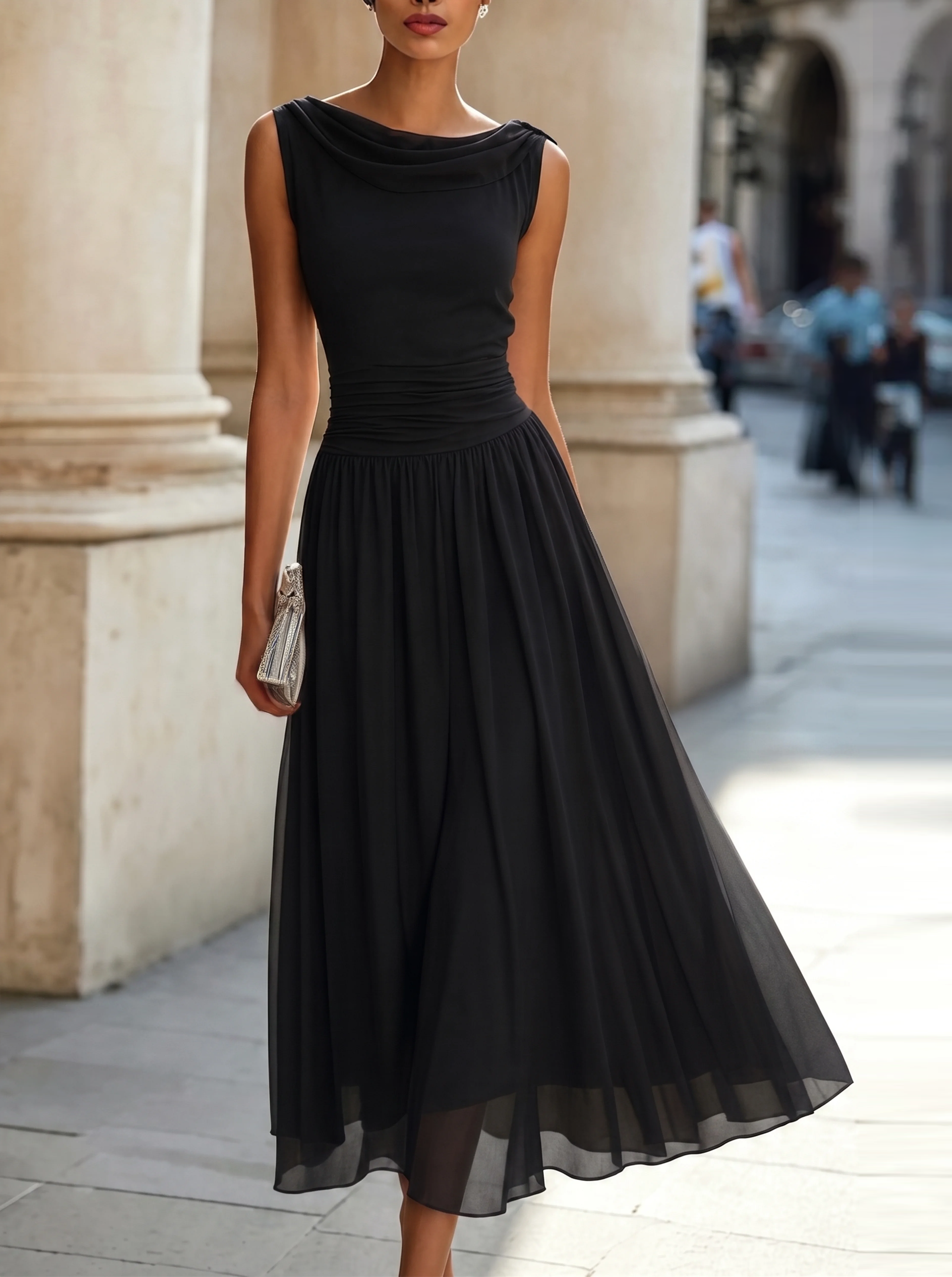 Women's Sleeveless Pleated Midi Dress Draped Neckline Contoured Waist Fluid