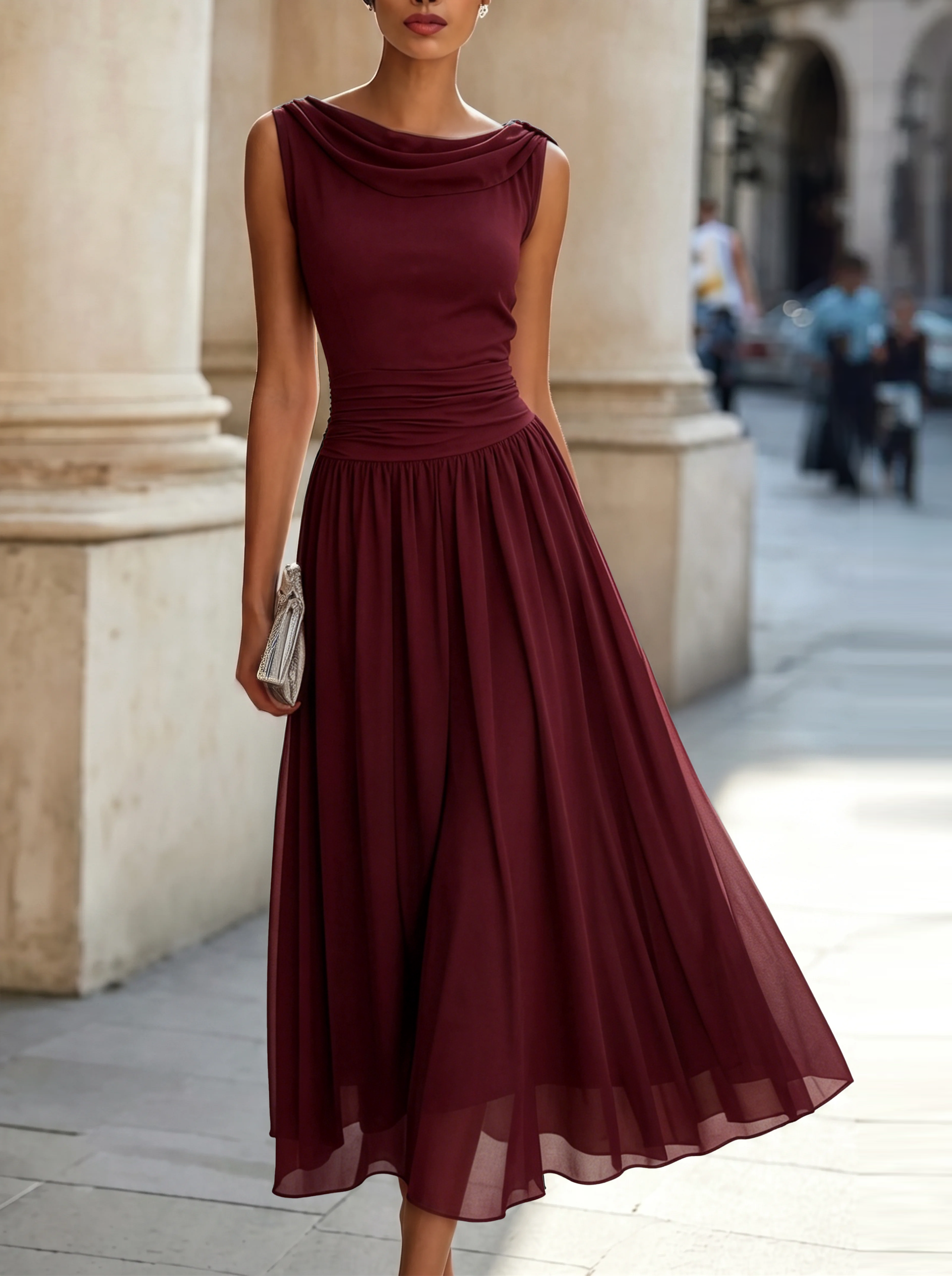 Women's Sleeveless Pleated Midi Dress Draped Neckline Contoured Waist Fluid
