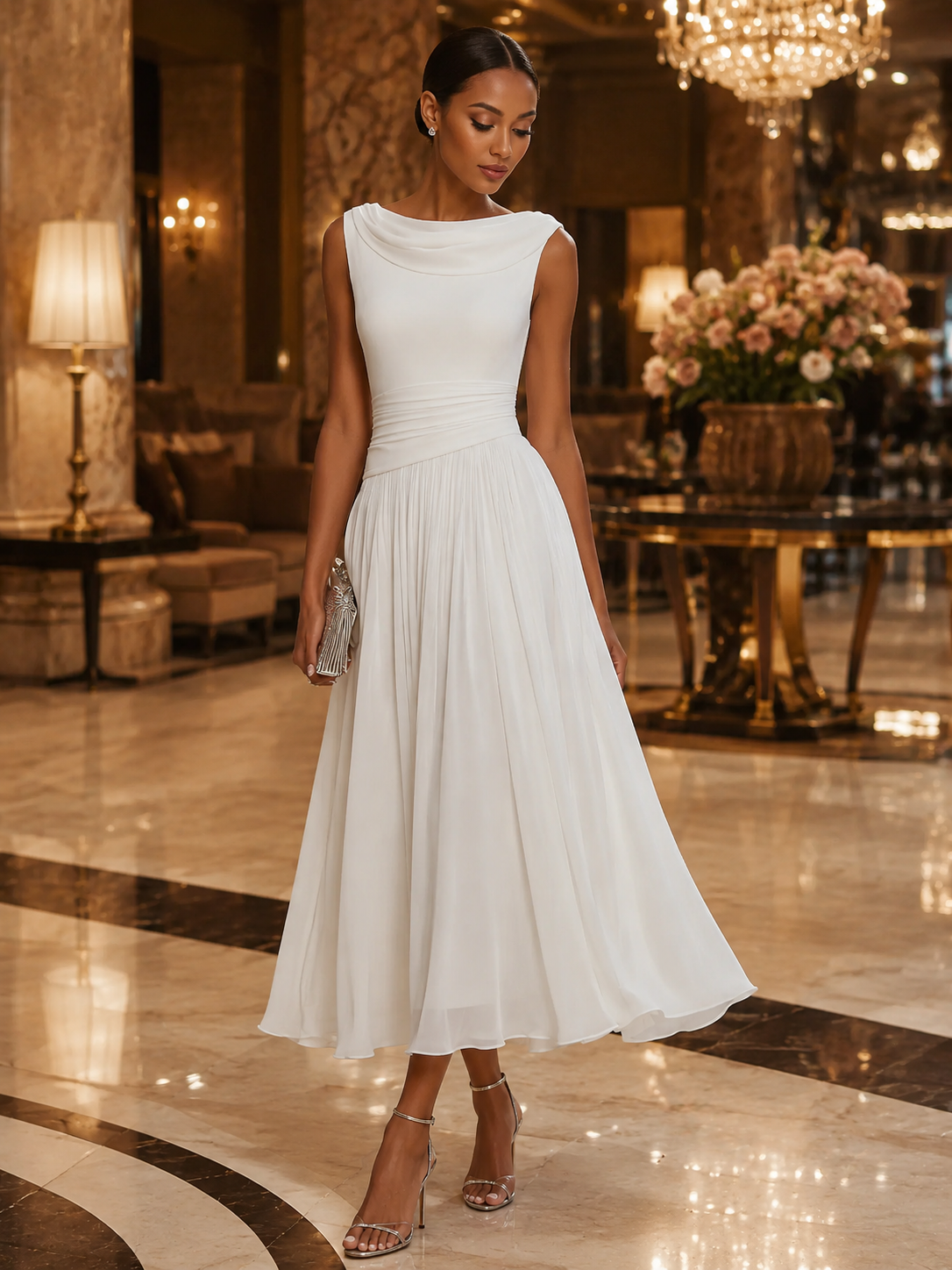Women's Sleeveless Pleated Midi Dress Draped Neckline Contoured Waist Fluid