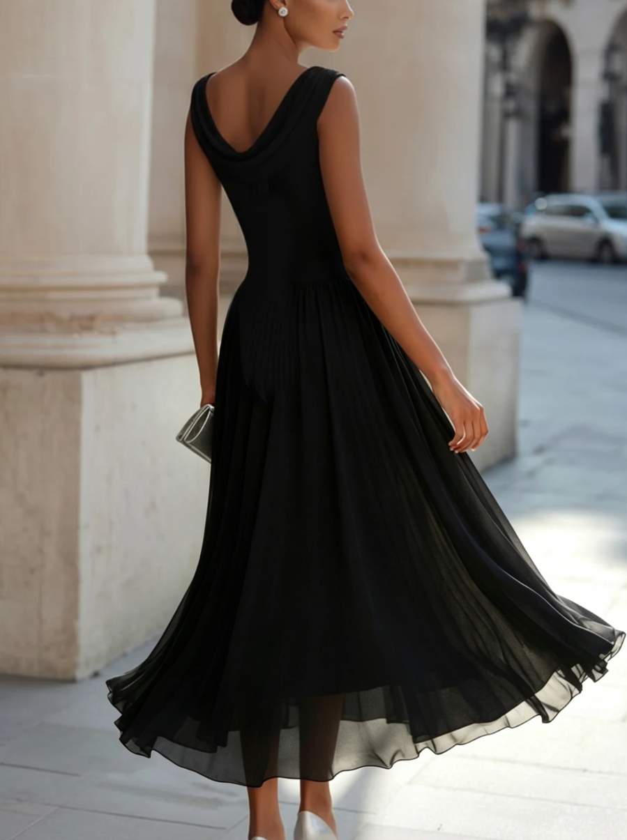 Women's Sleeveless Pleated Midi Dress Draped Neckline Contoured Waist Fluid
