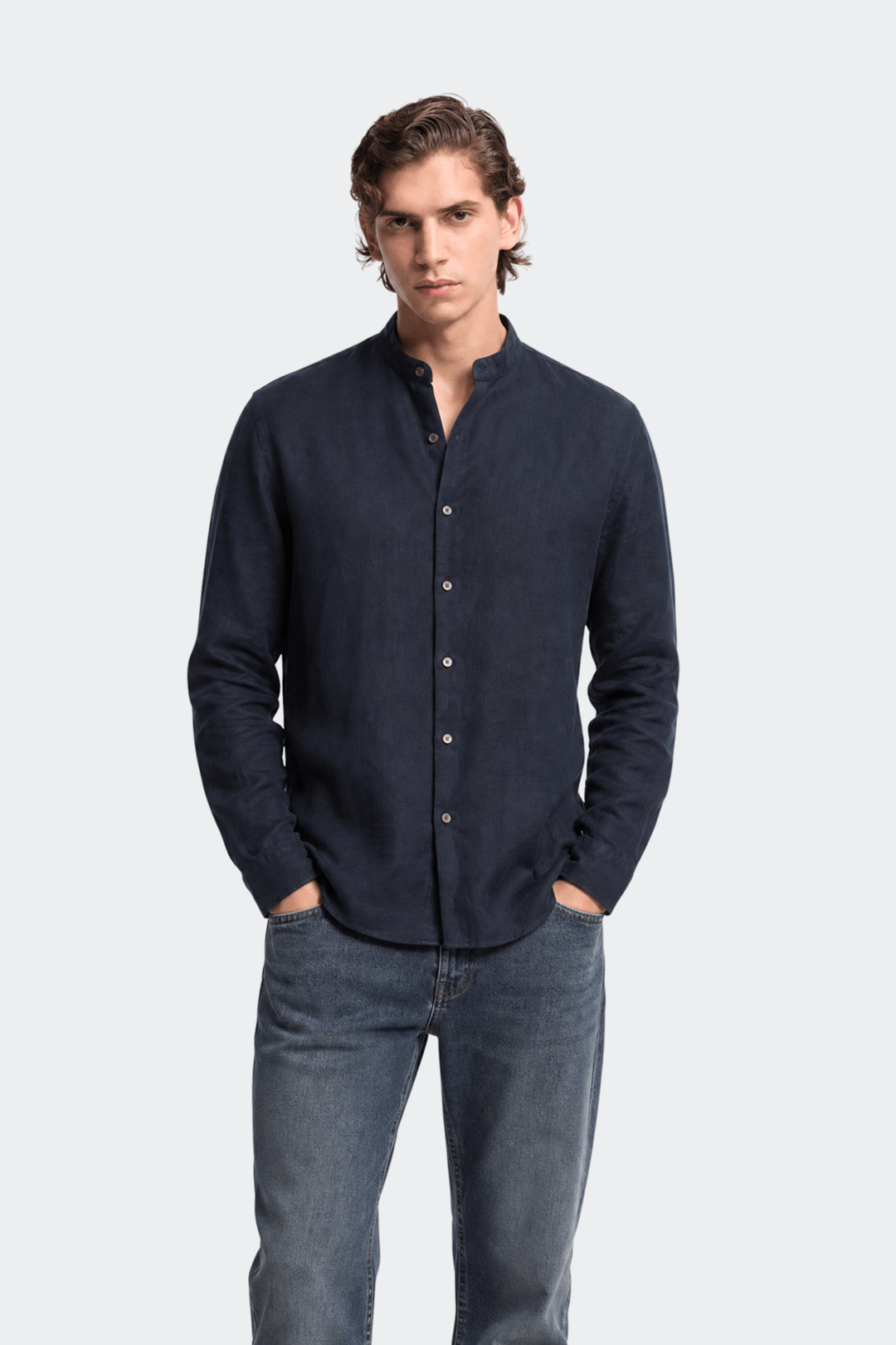 Men's Band Collar Linen Shirt Casual Summer Relaxed Elegant Fit