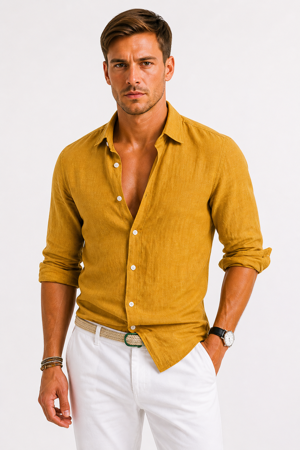 Men's Classic Oxford Linen Shirt for Smart Casual Wear - 9