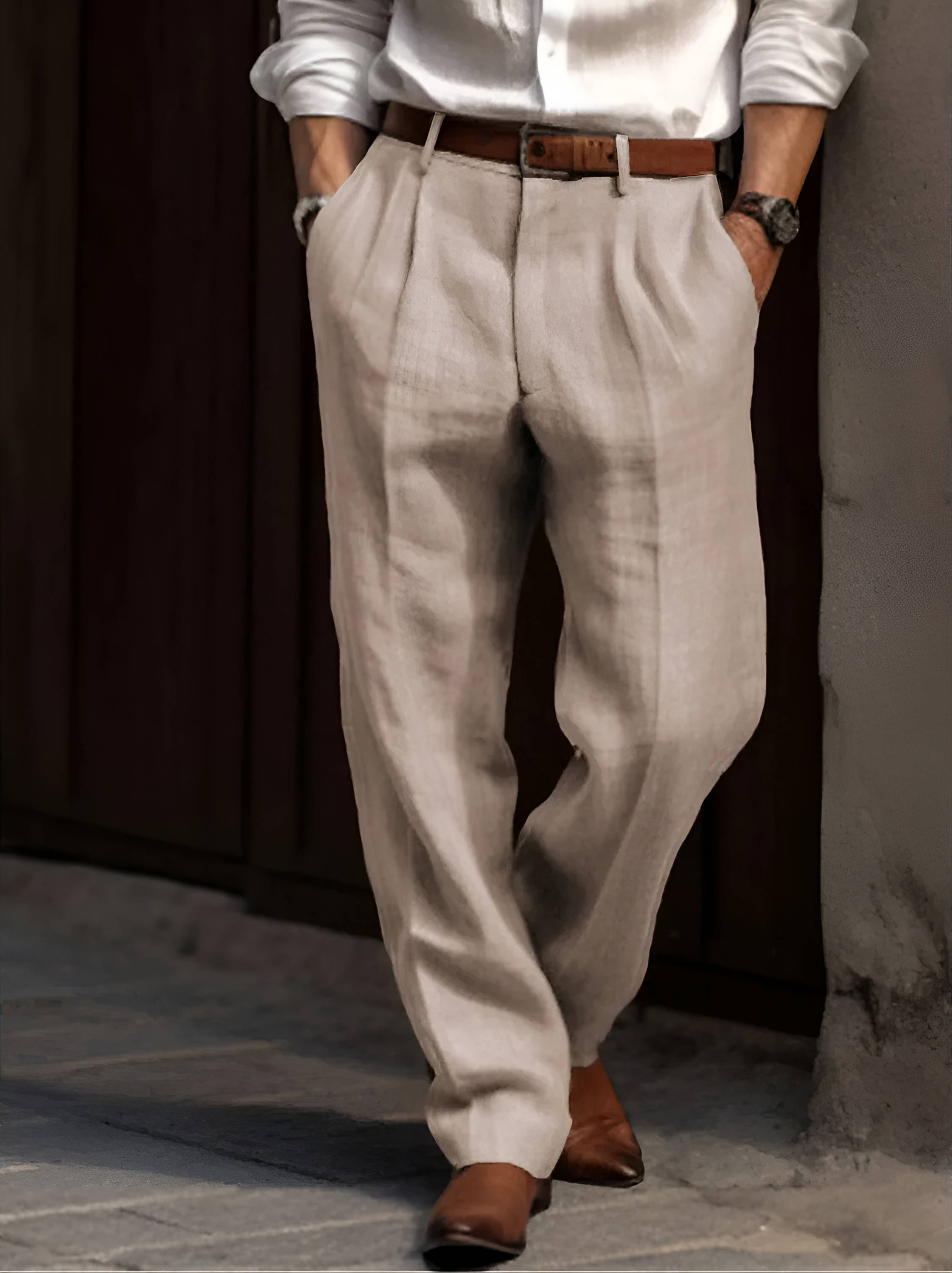 Men's Classic Pleated Linen Trousers Breathable Smart Casual Wear - 1
