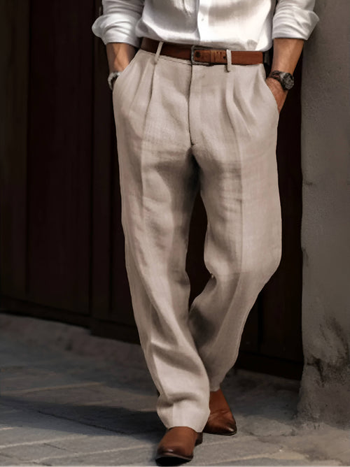 Men's Classic Pleated Linen Trousers Breathable Smart Casual Wear - 1