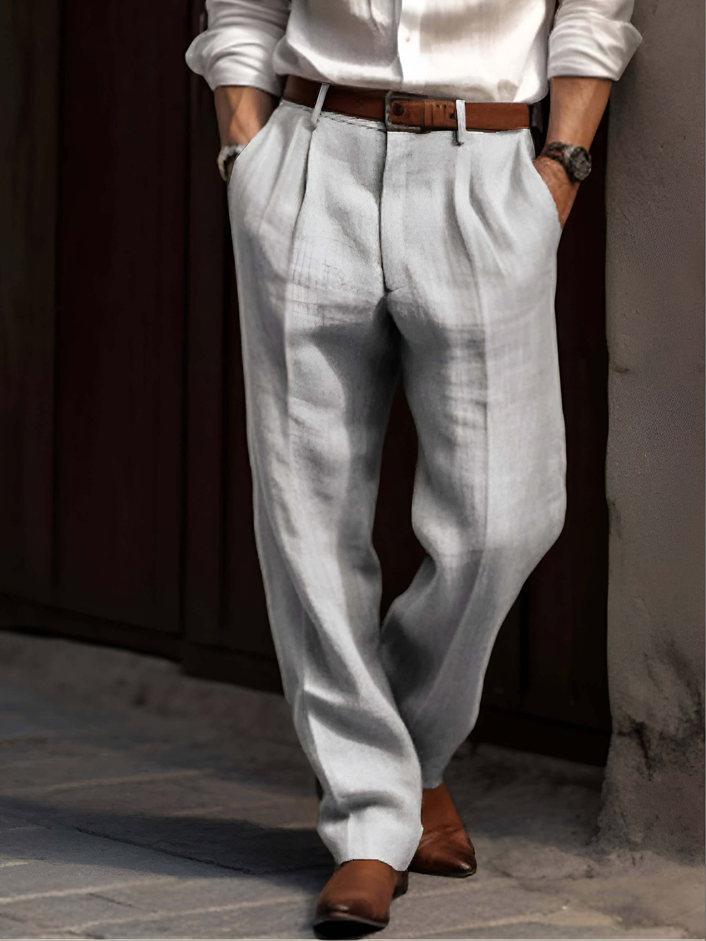 Men's Classic Pleated Linen Trousers Breathable Smart Casual Wear - 2