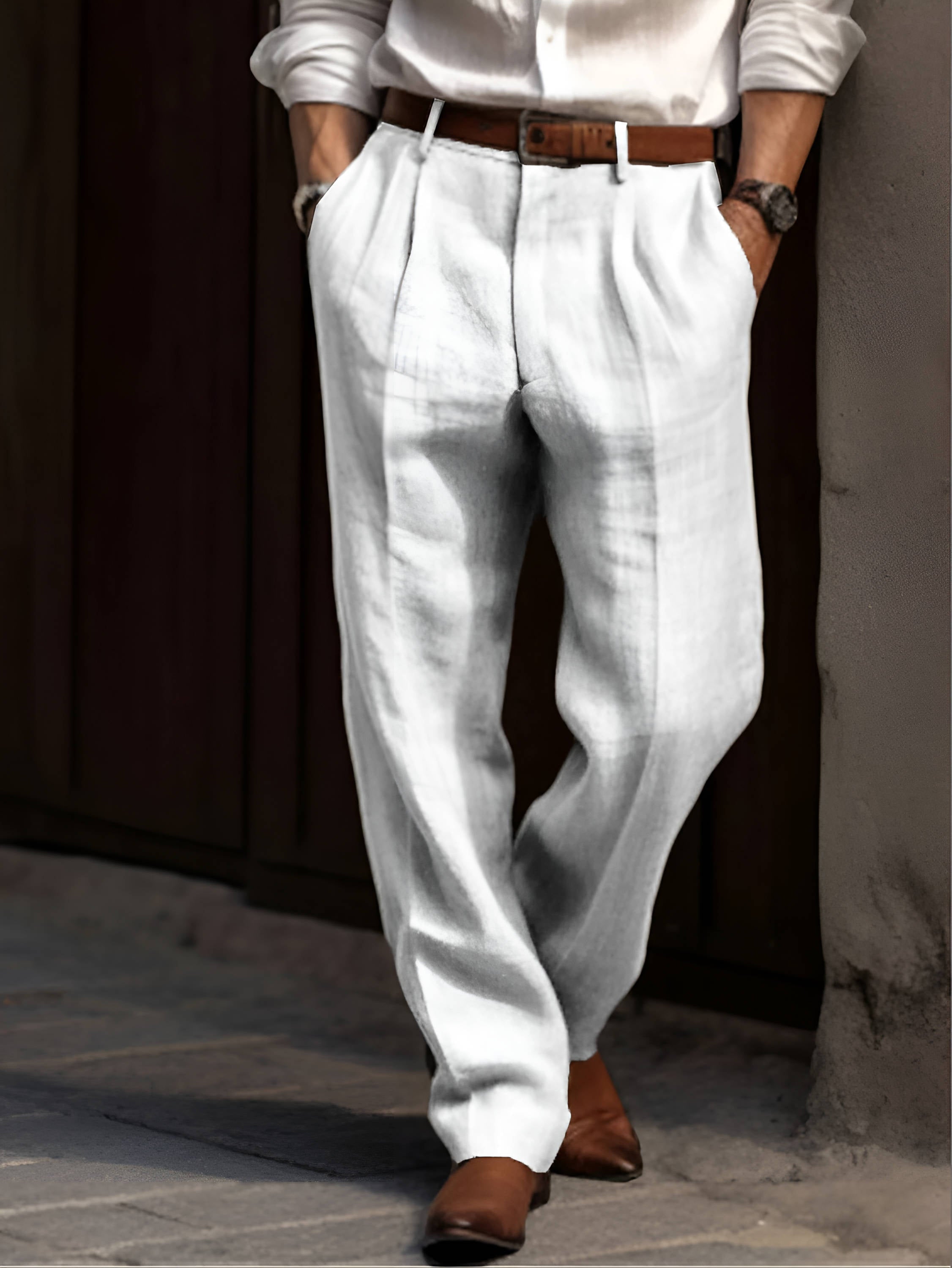 Men's Classic Pleated Linen Trousers Breathable Smart Casual Wear - 3