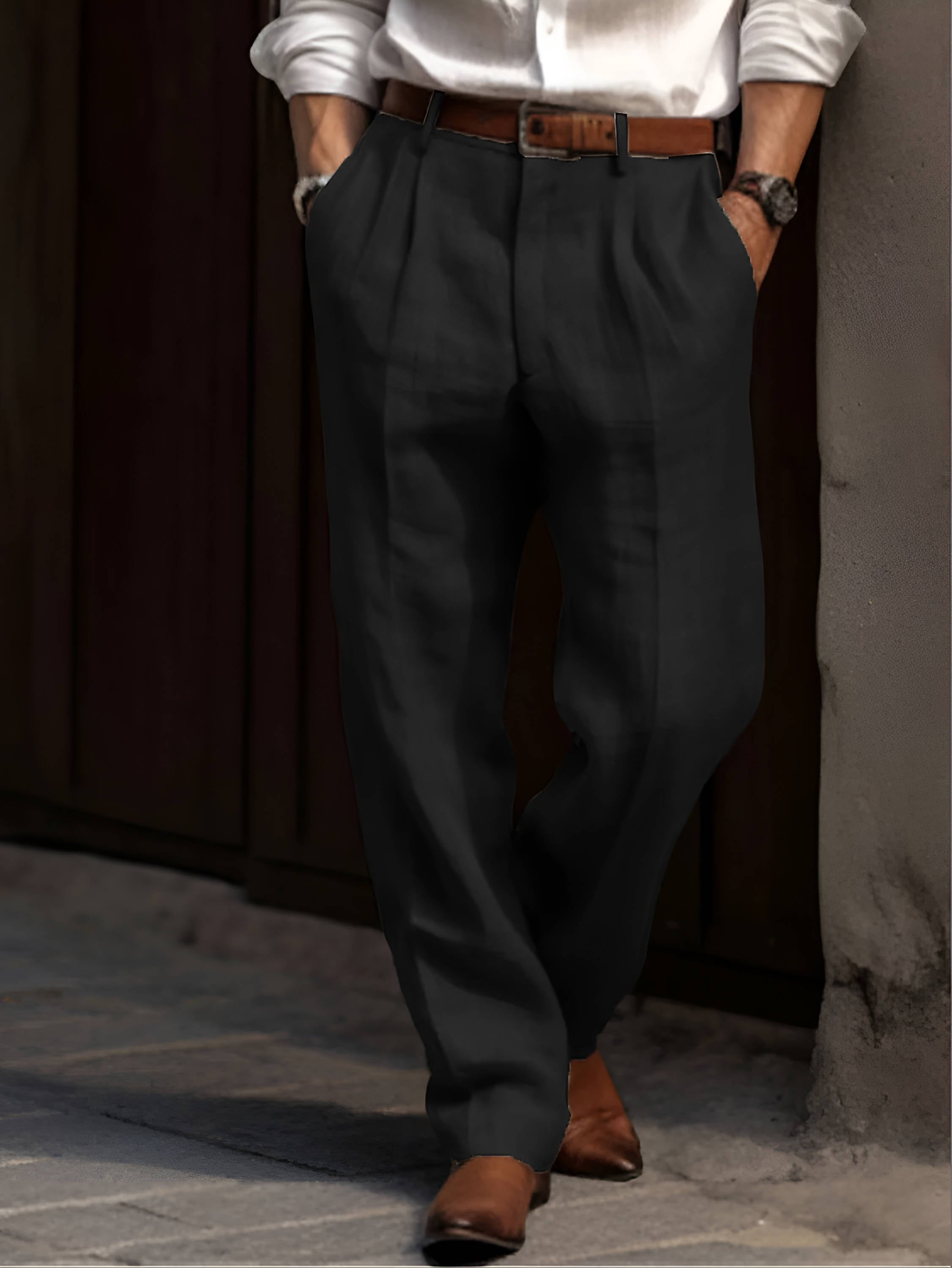 Men's Classic Pleated Linen Trousers Breathable Smart Casual Wear - 4