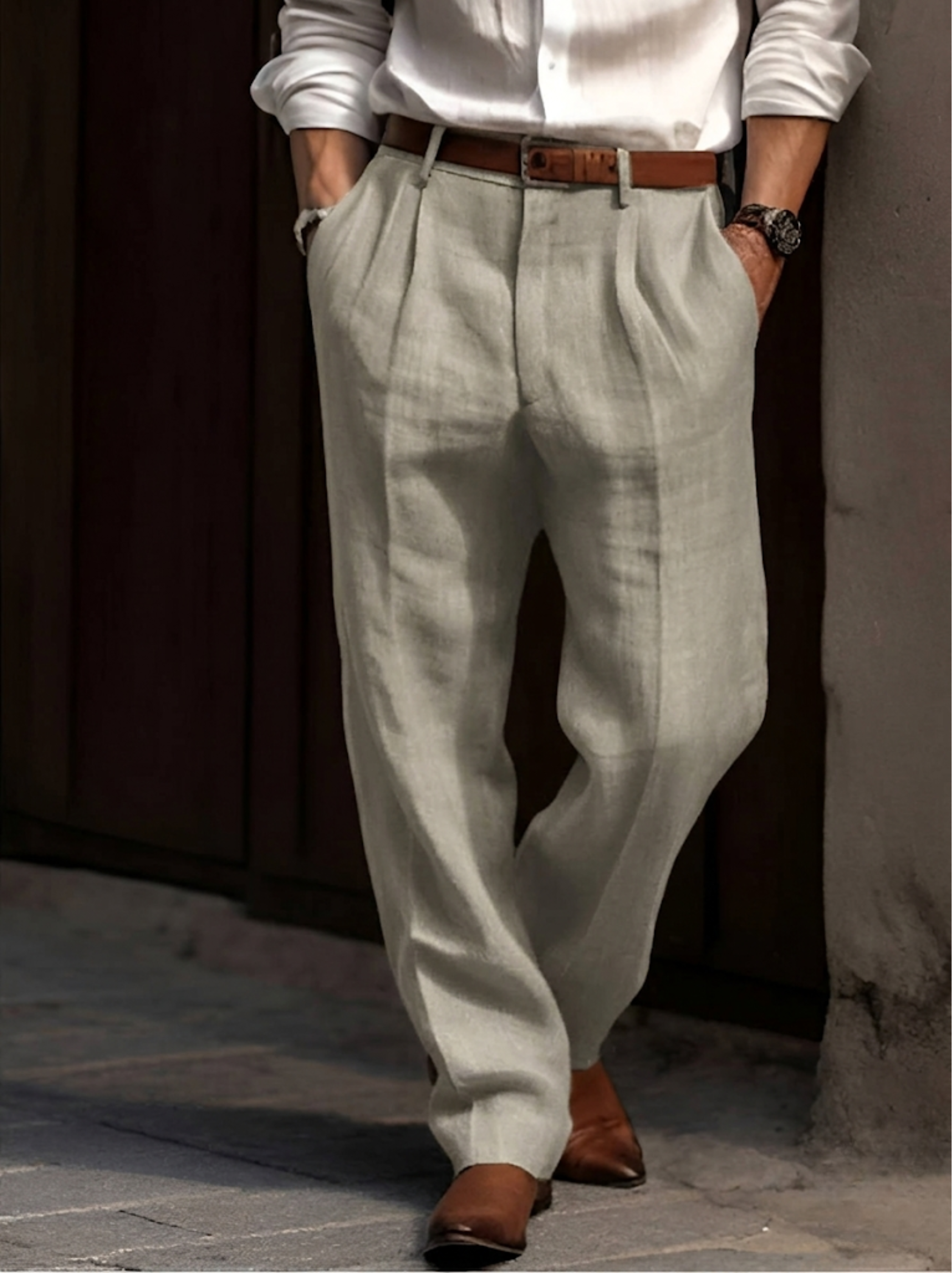 Men's Classic Pleated Linen Trousers Breathable Smart Casual Wear - 5