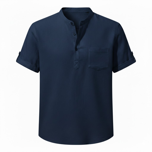 Men's Cotton Linen Henley Shirt Short-Sleeve Breathable Casual Top