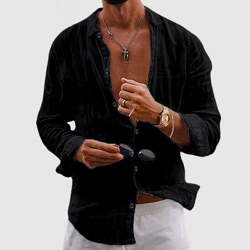 Men's Lightweight Breathable Linen Shirt Open Neck Button-Down