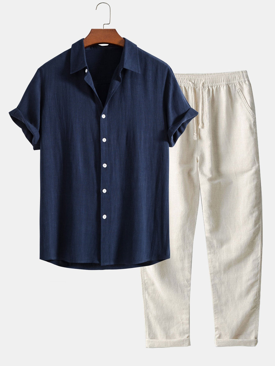 Men's Linen Band Collar Shirt and Trousers Co-Ord Set
