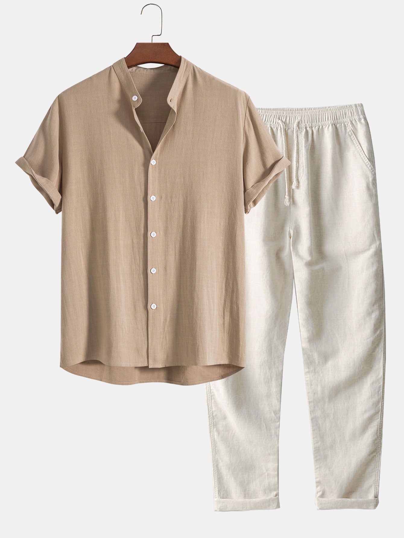 Men's Linen Band Collar Shirt and Trousers Co-Ord Set