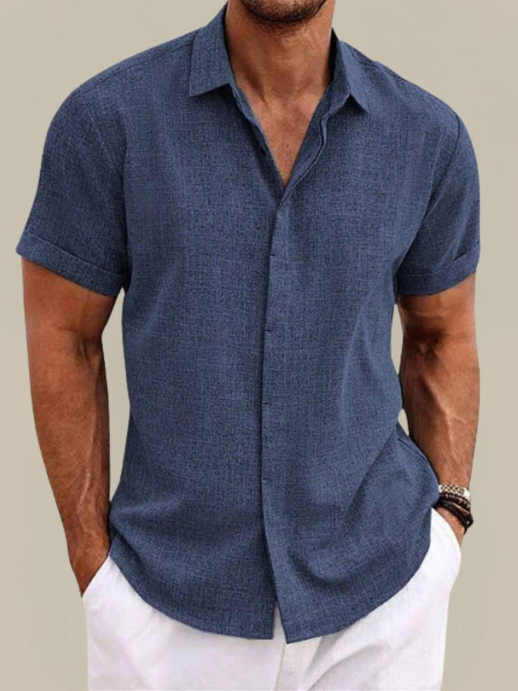 Men's Linen Short Sleeve Shirt Breathable Lightweight Button-Up Summer
