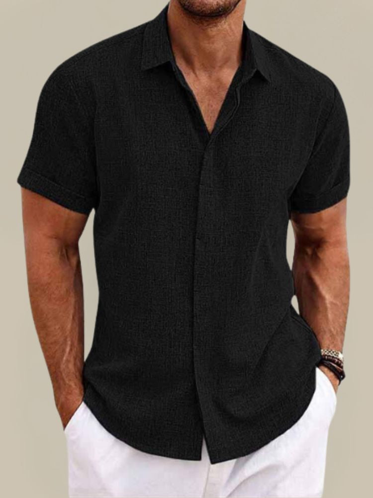 Men's Linen Short Sleeve Shirt Breathable Lightweight Button-Up Summer