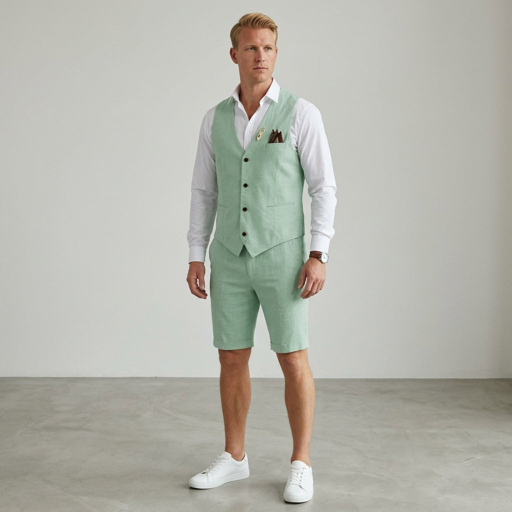 Men's Linen Vest and Shorts Set Breathable Smart Casual Summer