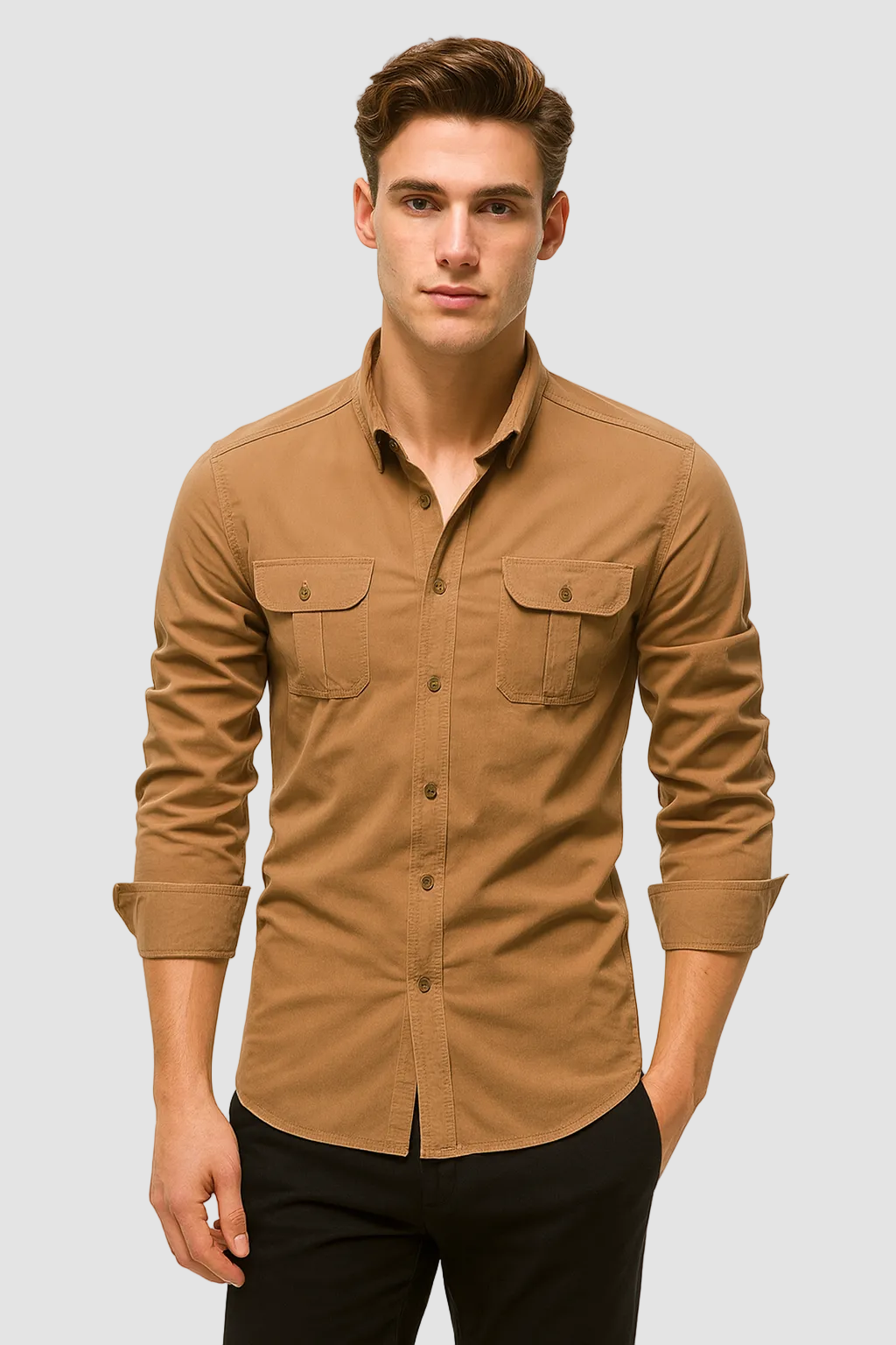 Men's Long Sleeve Casual Shirt with Chest Pockets Classic Fit