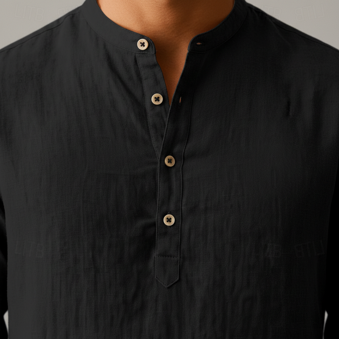 Men's Long Sleeve Linen Shirt Relaxed Henley Neckline Style - 10