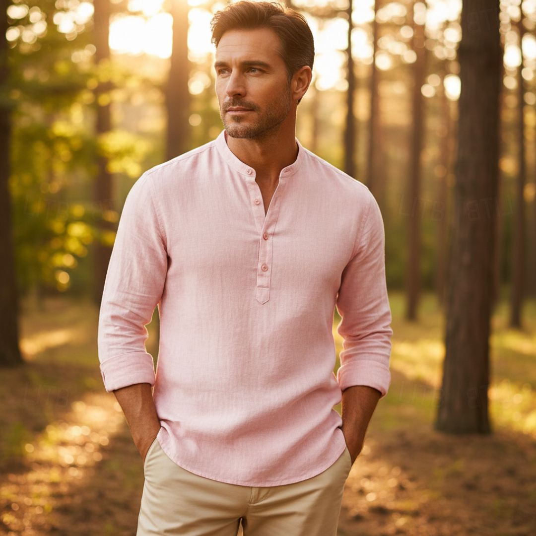 Men's Long Sleeve Linen Shirt Relaxed Henley Neckline Style - 13