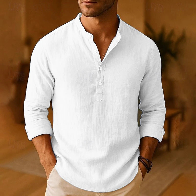Men's Long Sleeve Linen Shirt Relaxed Henley Neckline Style - 4