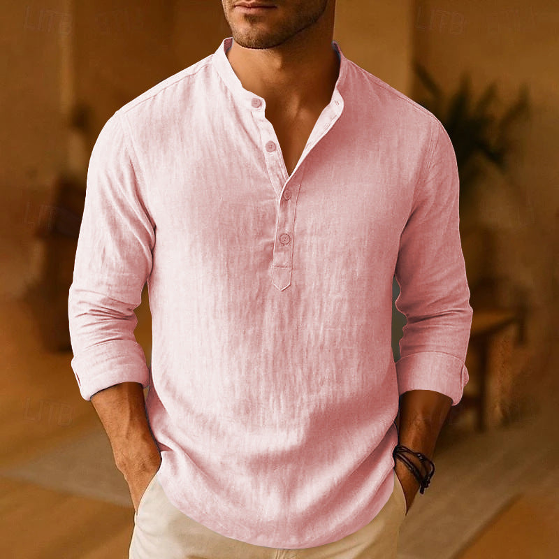 Men's Long Sleeve Linen Shirt Relaxed Henley Neckline Style - 5