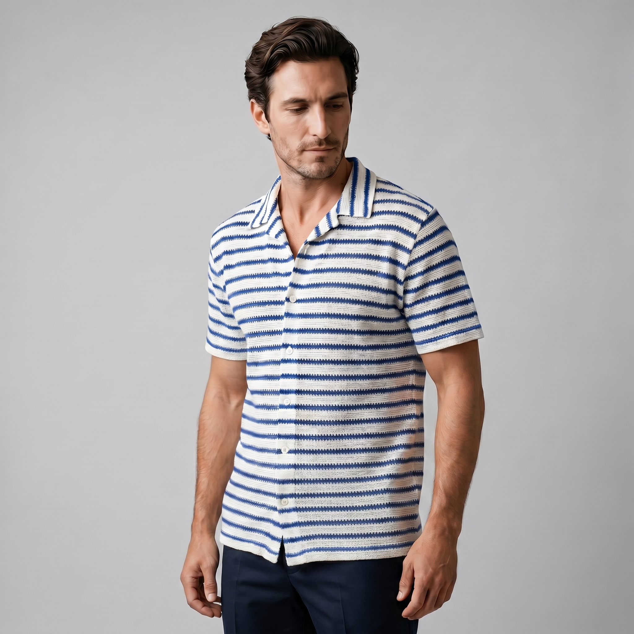 Men's Open Knit Striped Resort Shirt Casual Summer Relaxed Fit