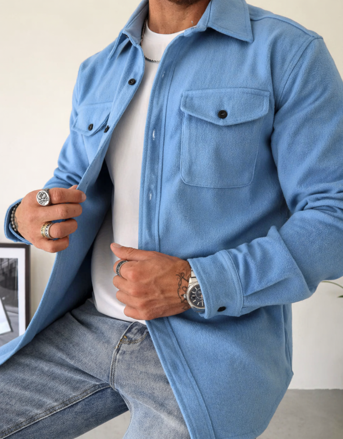 Men's Overshirt Jacket Long Sleeve Button-Up with Chest Pockets