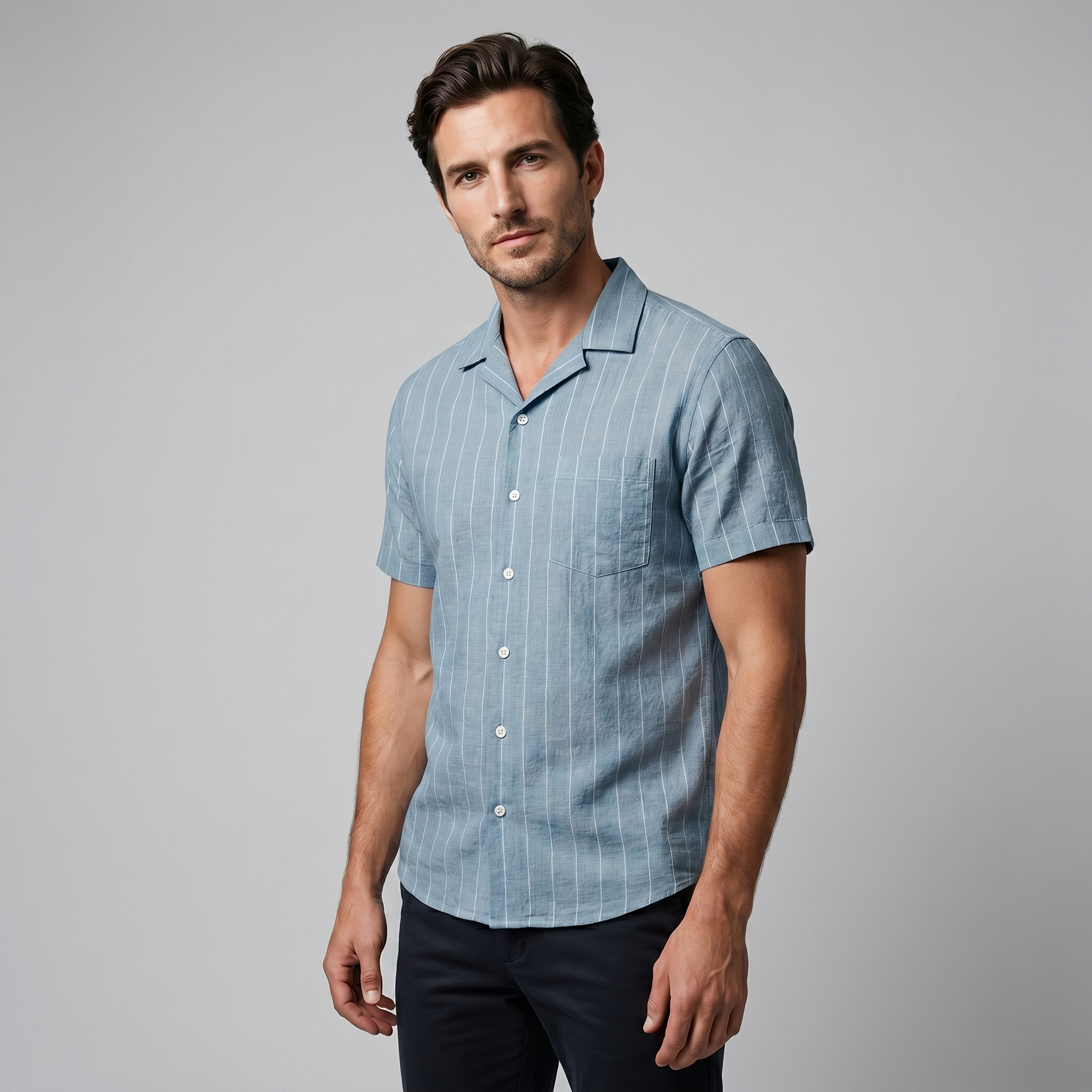 Men's Pinstripe Short Sleeve Camp Shirt Smart Casual Summer
