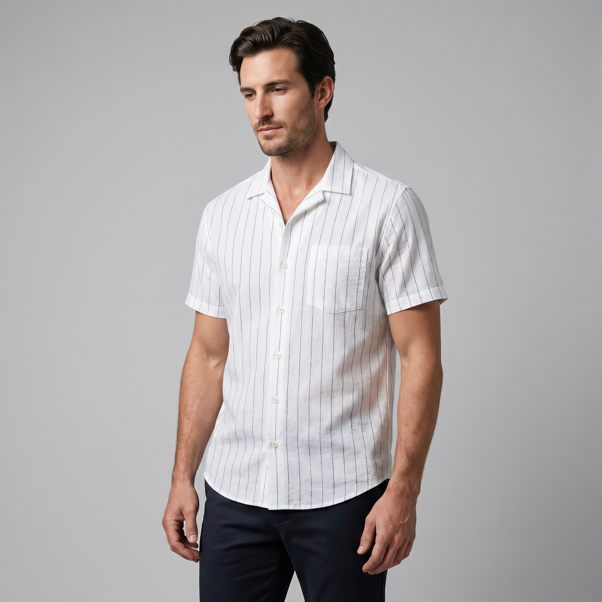 Men's Pinstripe Short Sleeve Camp Shirt Smart Casual Summer