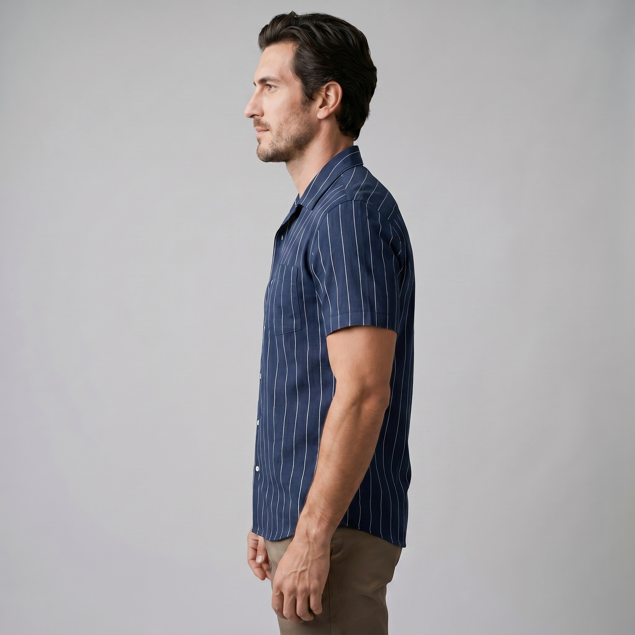 Men's Pinstripe Short Sleeve Camp Shirt Smart Casual Summer