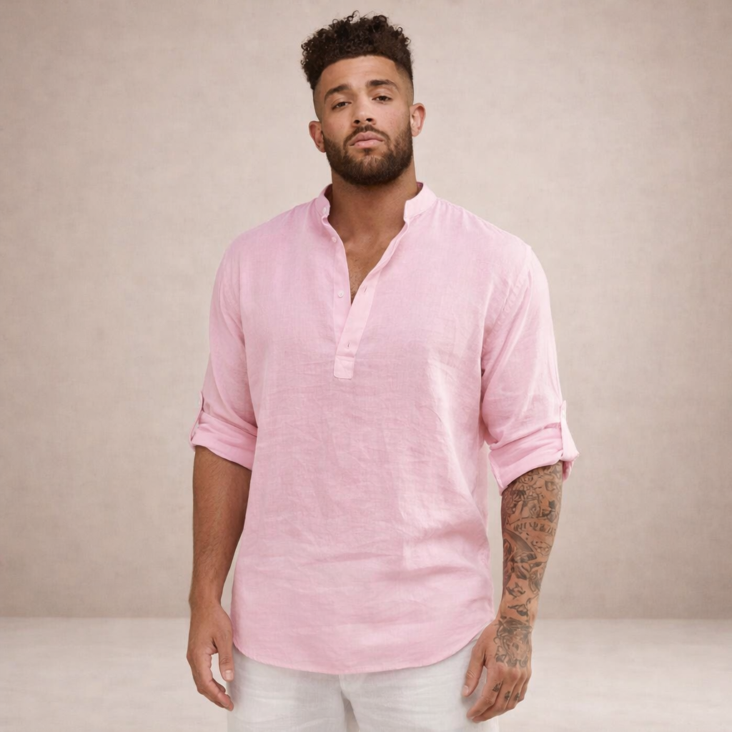 Men's Regular Fit Linen Shirt Standing Collar Long Sleeve Breathable