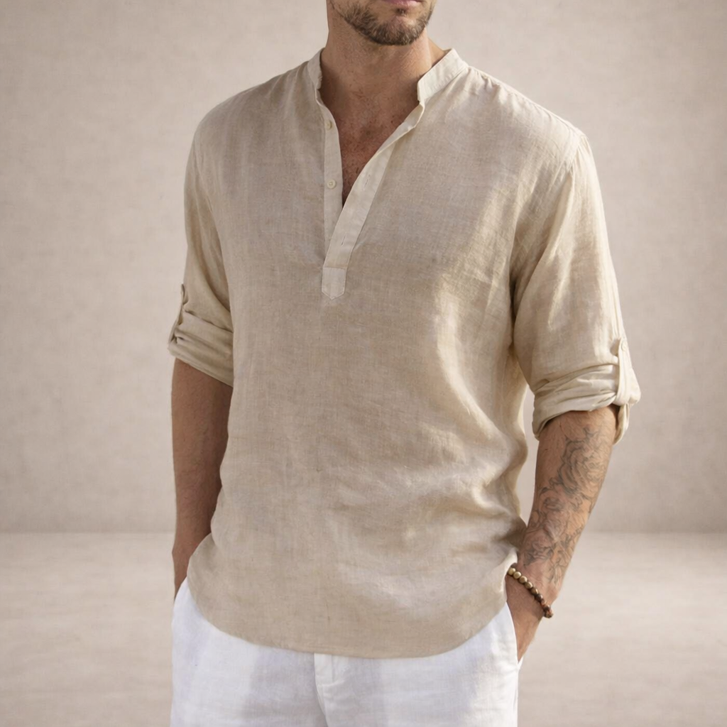 Men's Regular Fit Linen Shirt Standing Collar Long Sleeve Breathable