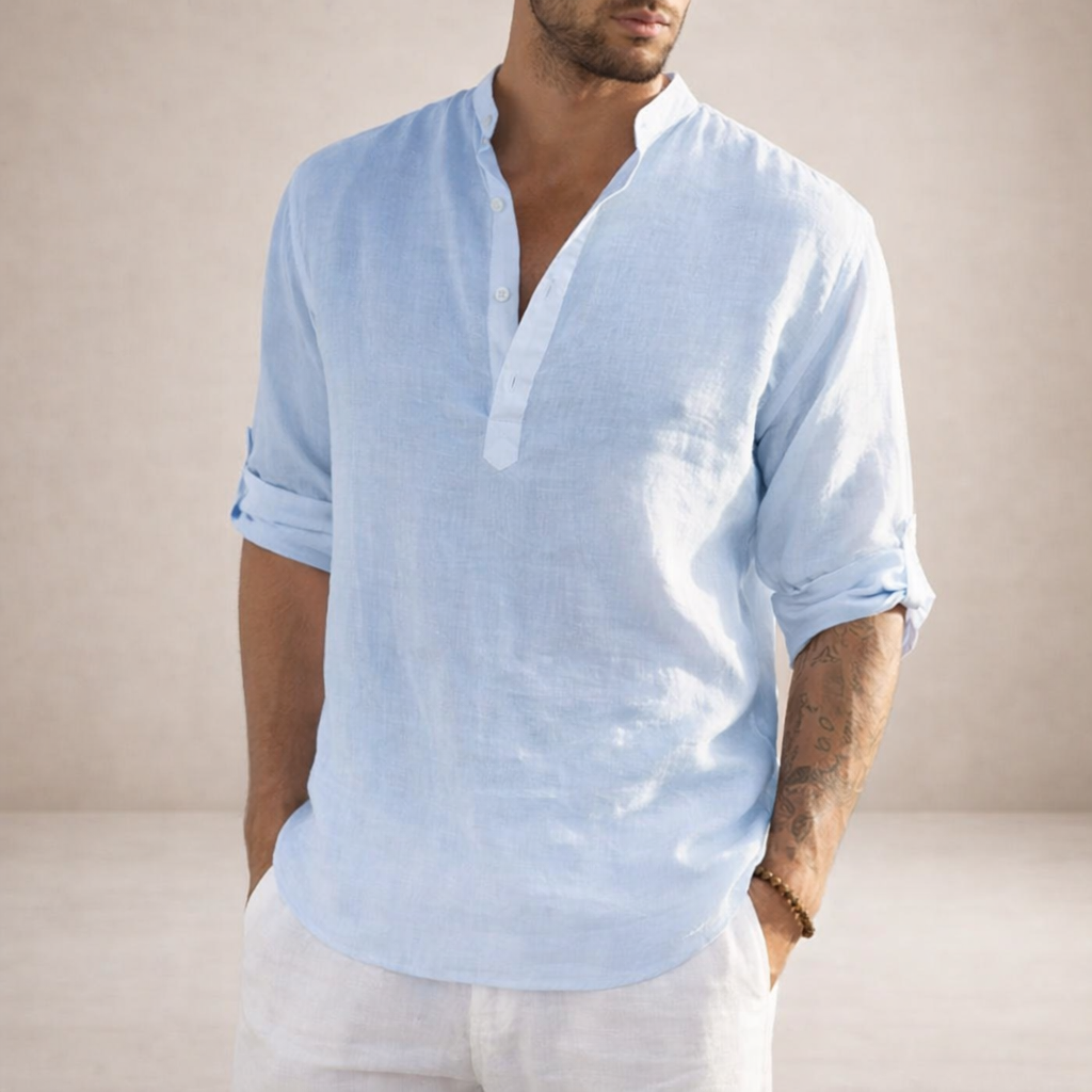 Men's Regular Fit Linen Shirt Standing Collar Long Sleeve Breathable