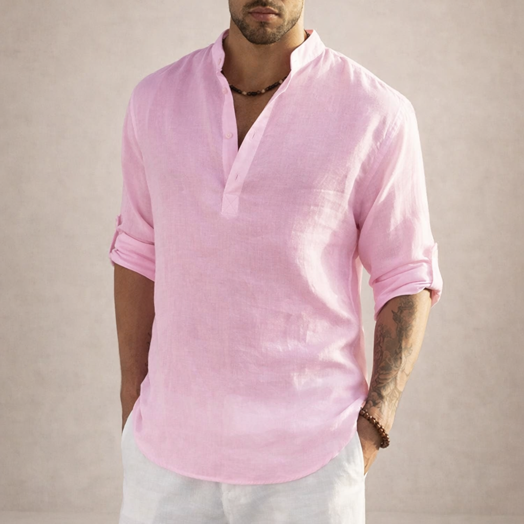 Men's Regular Fit Linen Shirt Standing Collar Long Sleeve Breathable