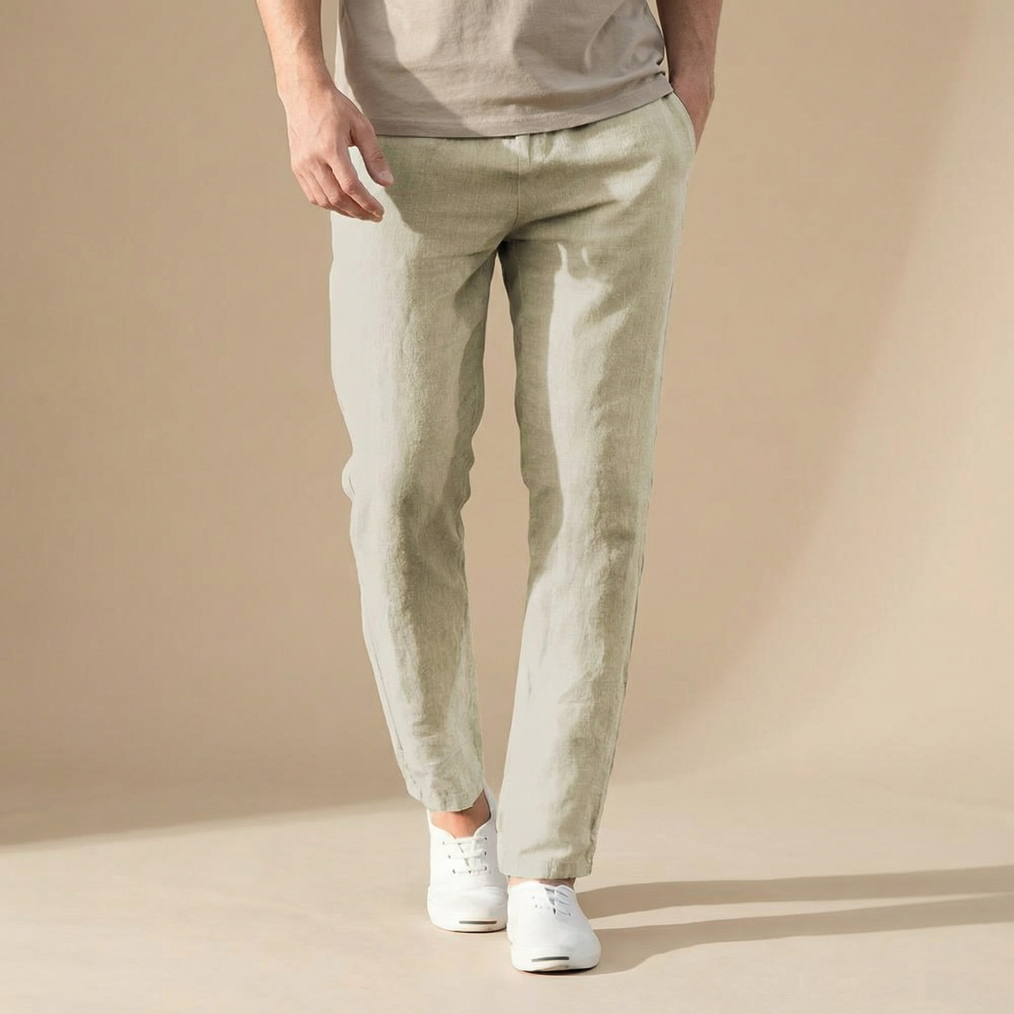 Men's Regular Fit Linen Summer Trousers Breathable Elastic Waist