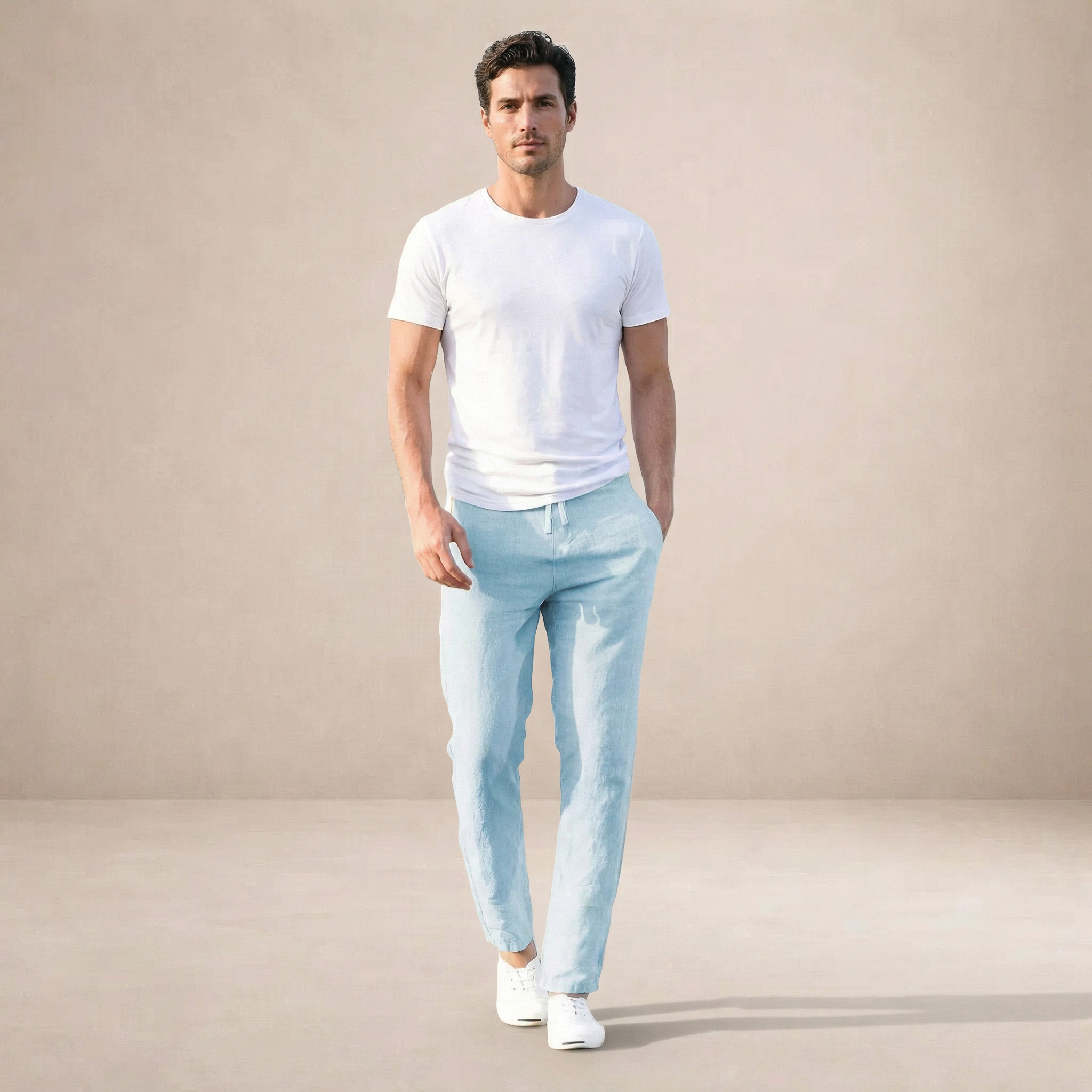 Men's Regular Fit Linen Summer Trousers Breathable Elastic Waist