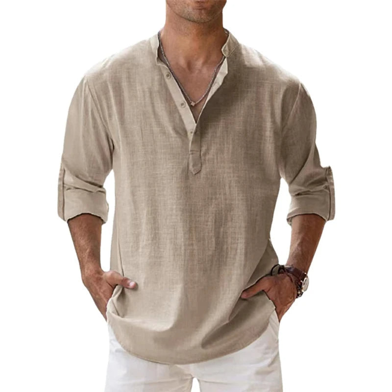 Men's Relaxed Fit Linen Henley Shirt for Summer Wear - 1