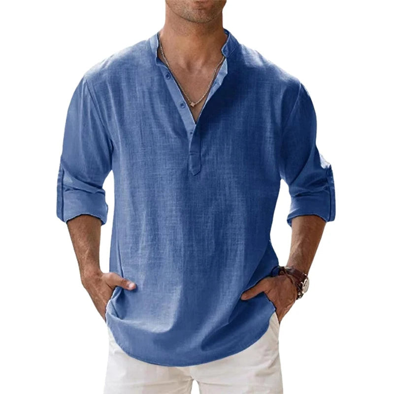Men's Relaxed Fit Linen Henley Shirt for Summer Wear - 2