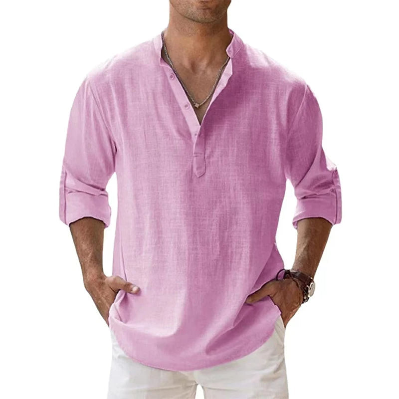 Men's Relaxed Fit Linen Henley Shirt for Summer Wear - 3