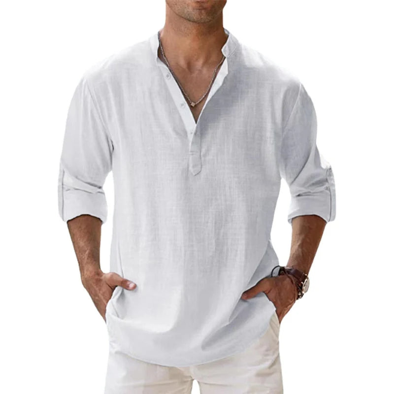 Men's Relaxed Fit Linen Henley Shirt for Summer Wear - 4