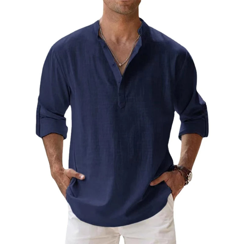 Men's Relaxed Fit Linen Henley Shirt for Summer Wear - 5