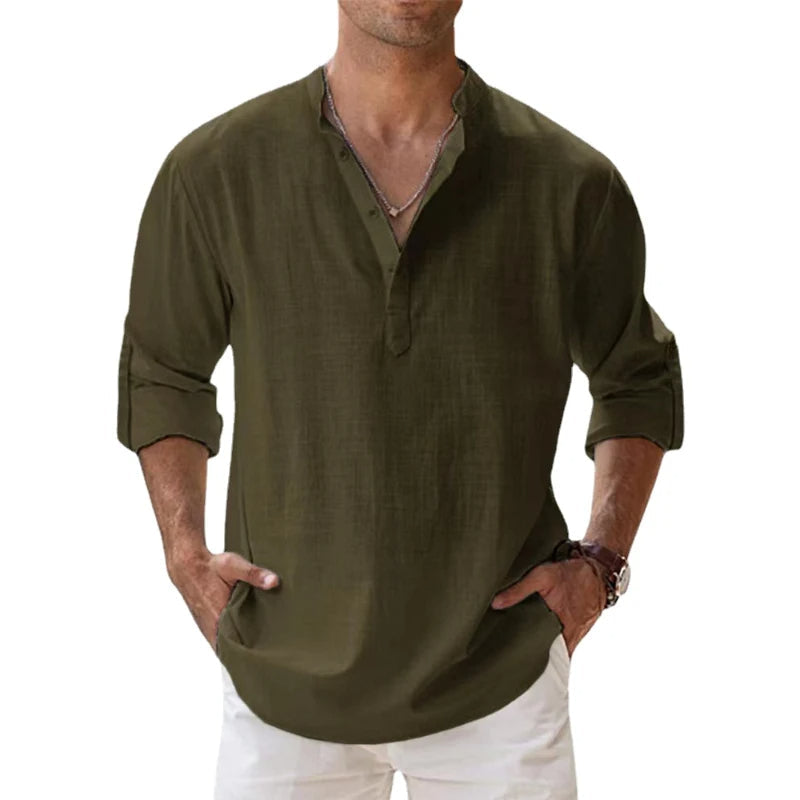 Men's Relaxed Fit Linen Henley Shirt for Summer Wear - 6