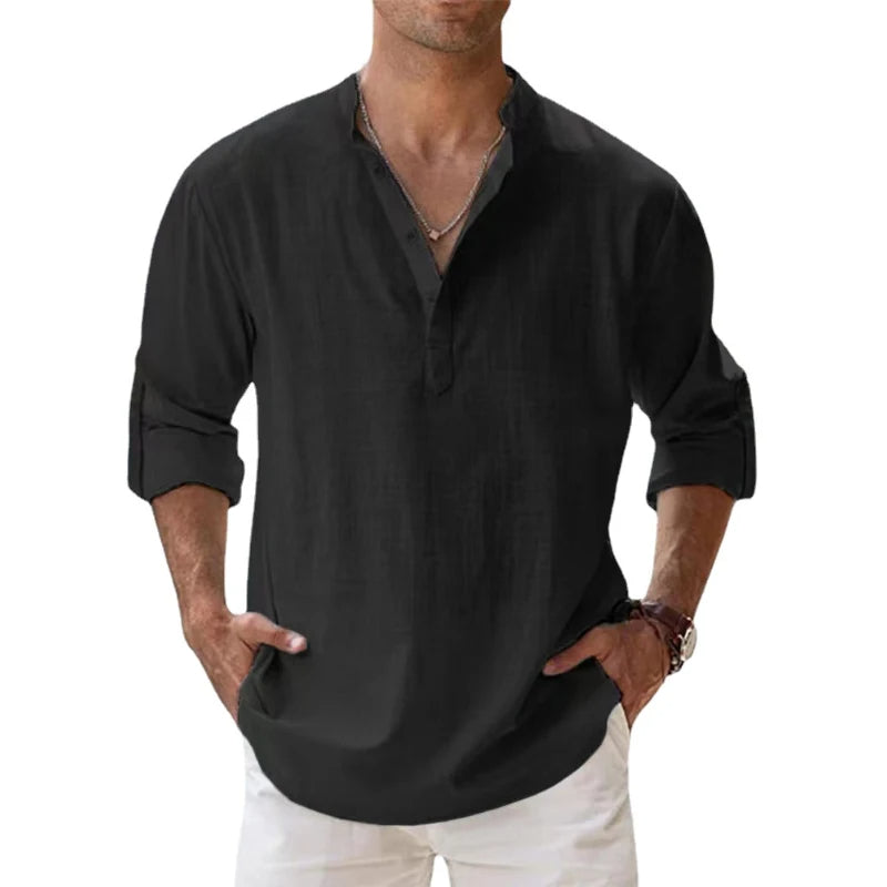 Men's Relaxed Fit Linen Henley Shirt for Summer Wear - 7