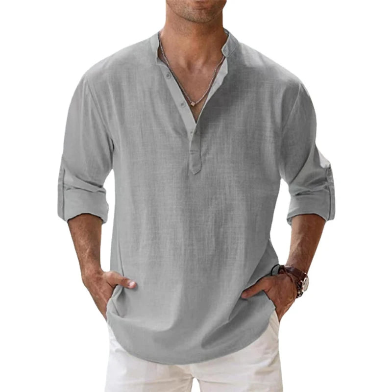 Men's Relaxed Fit Linen Henley Shirt for Summer Wear - 8