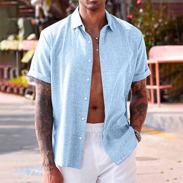 Men's Short Sleeve Linen Shirt Open Collar Summer Breathable