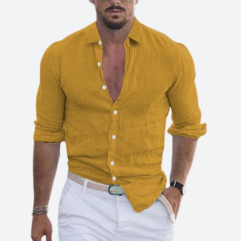 Men's Slim Fit Open Collar Linen Shirt Summer Style - 2