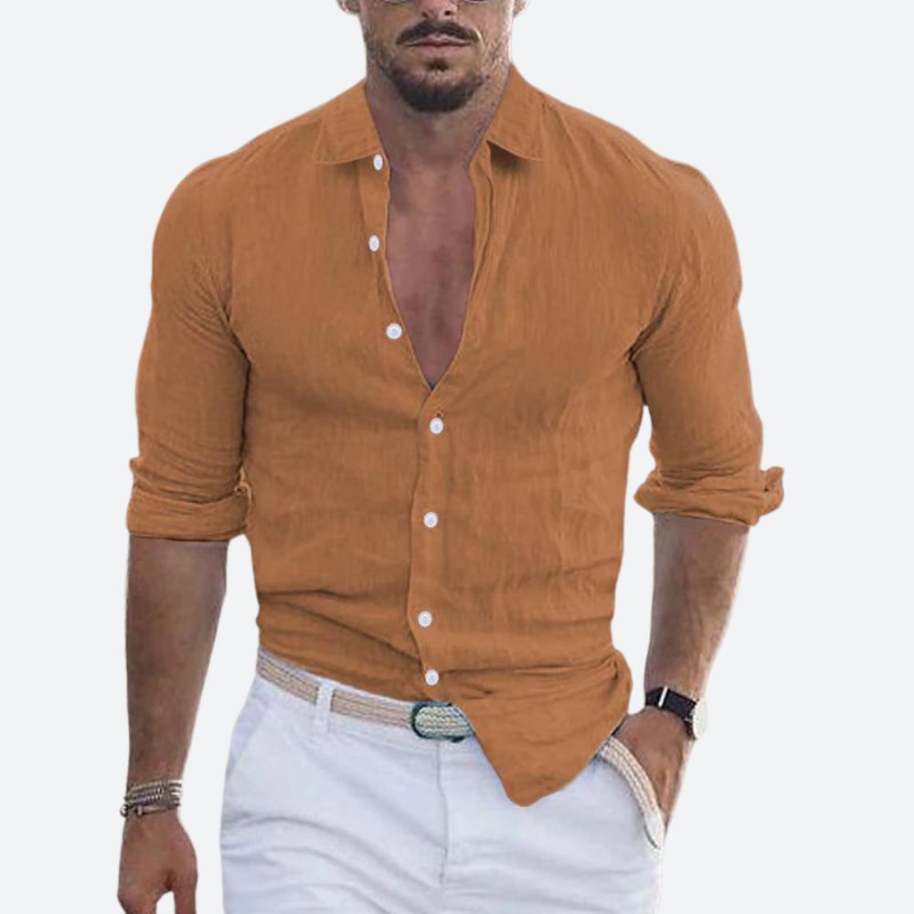 Men's Slim Fit Open Collar Linen Shirt Summer Style - 3