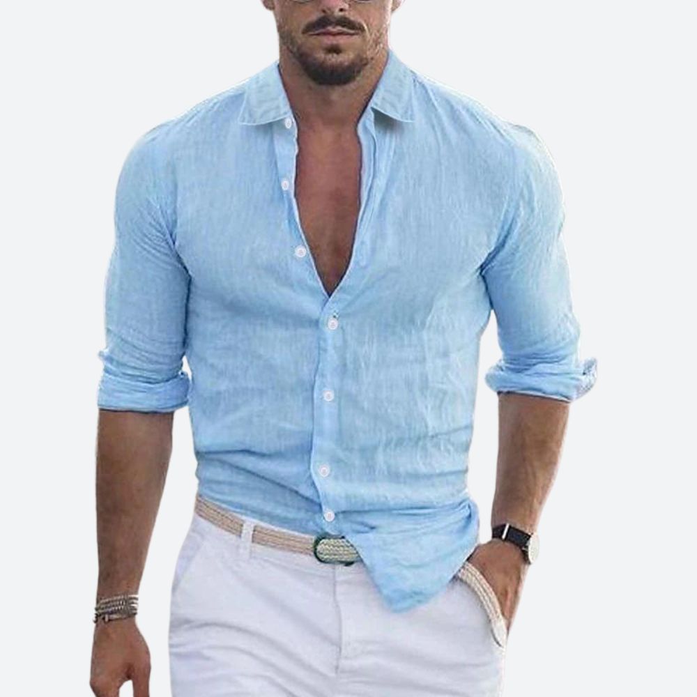 Men's Slim Fit Open Collar Linen Shirt Summer Style - 4