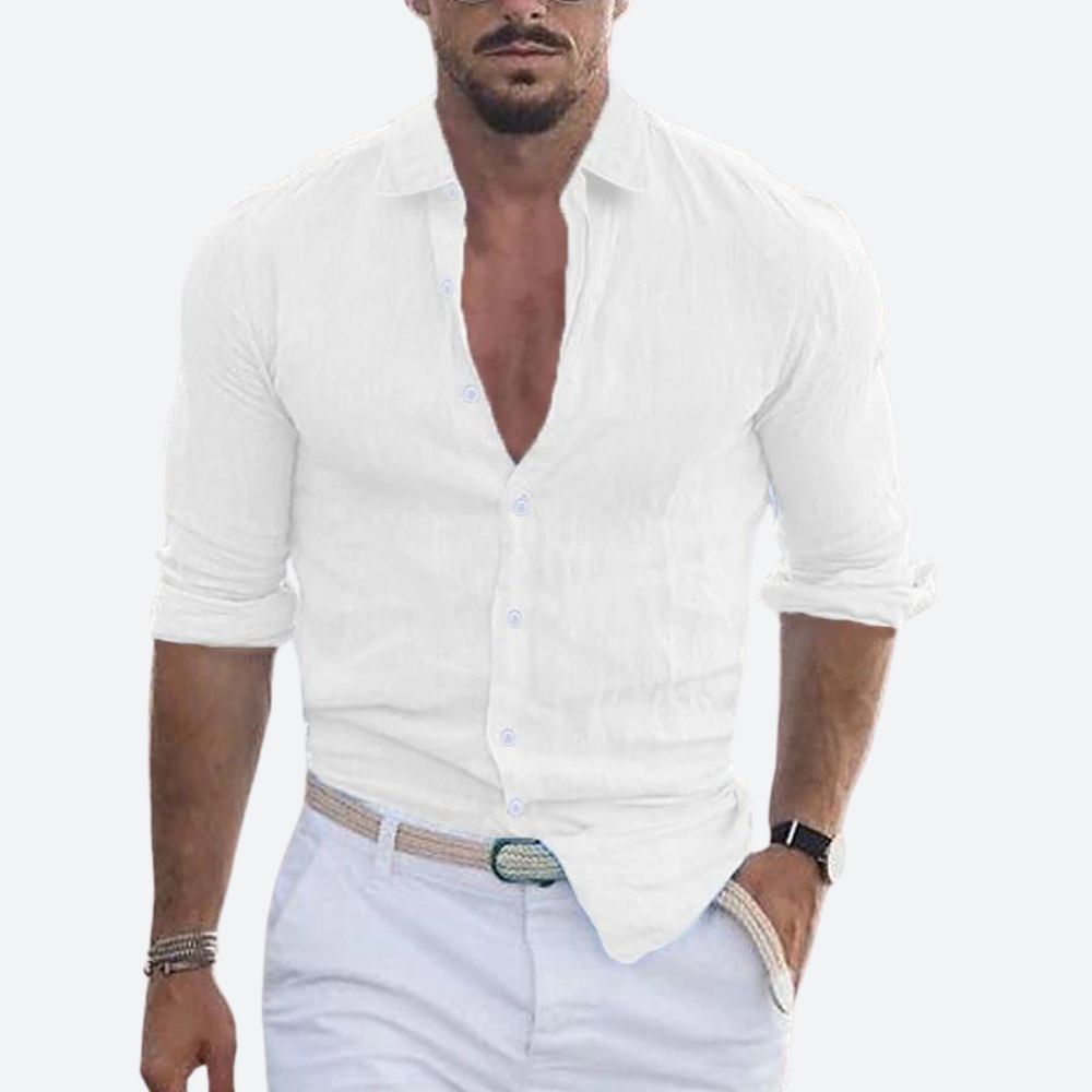 Men's Slim Fit Open Collar Linen Shirt Summer Style - 5